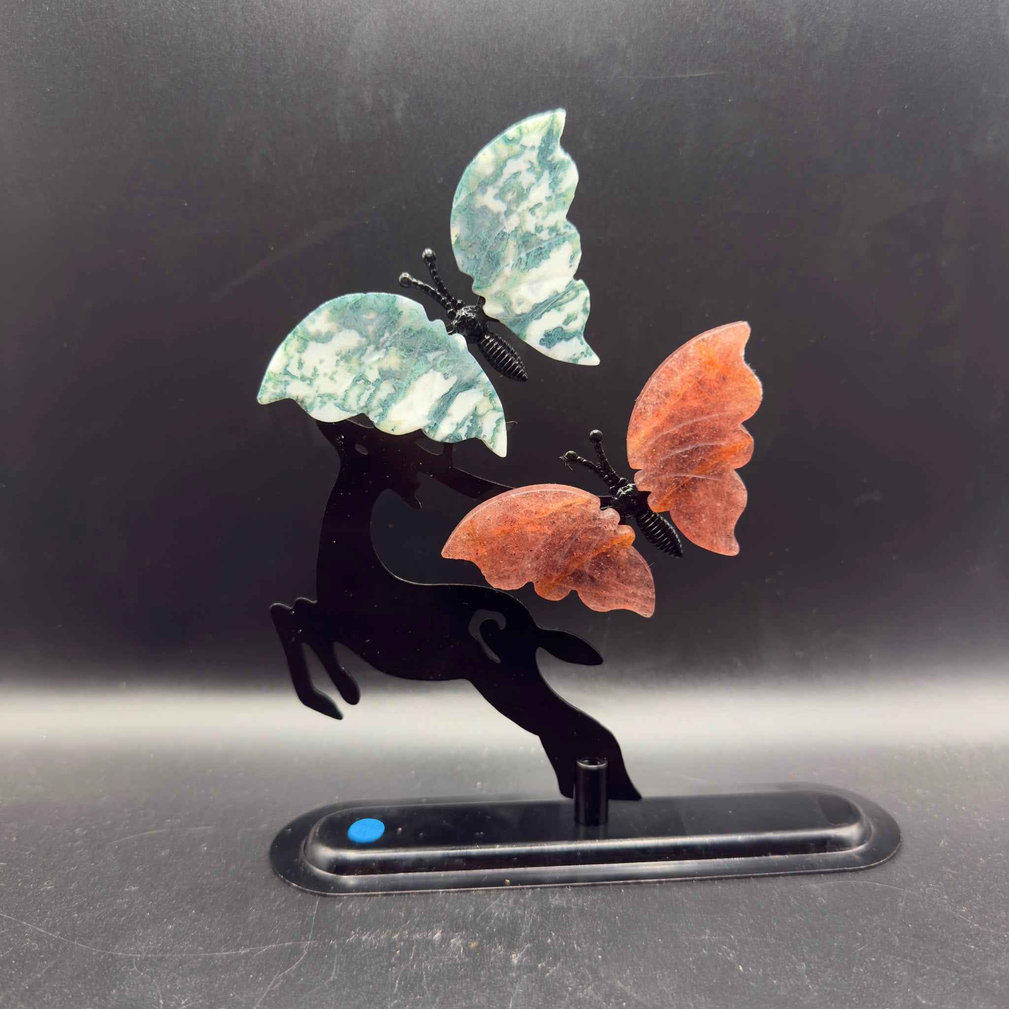 Metal Deer Stand with Moss Agate & Strawberry Quartz Butterflies | Crystals UK