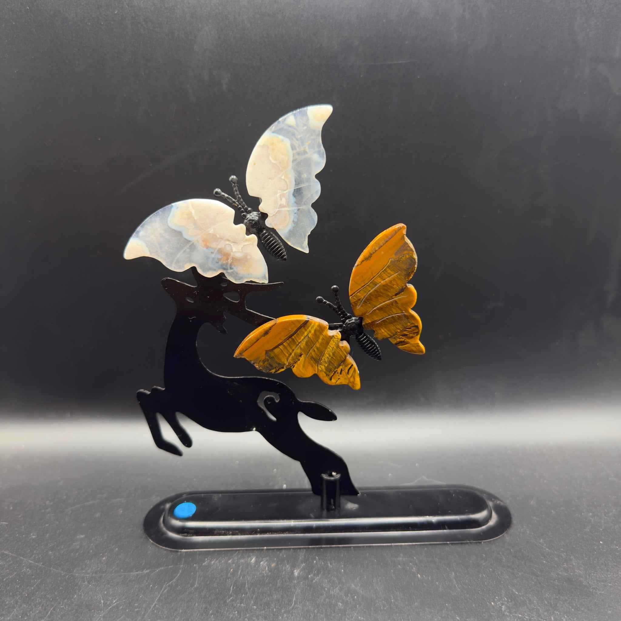 Metal Deer Stand with Tiger's Eye & Flower Agate Butterflies | Crystals UK