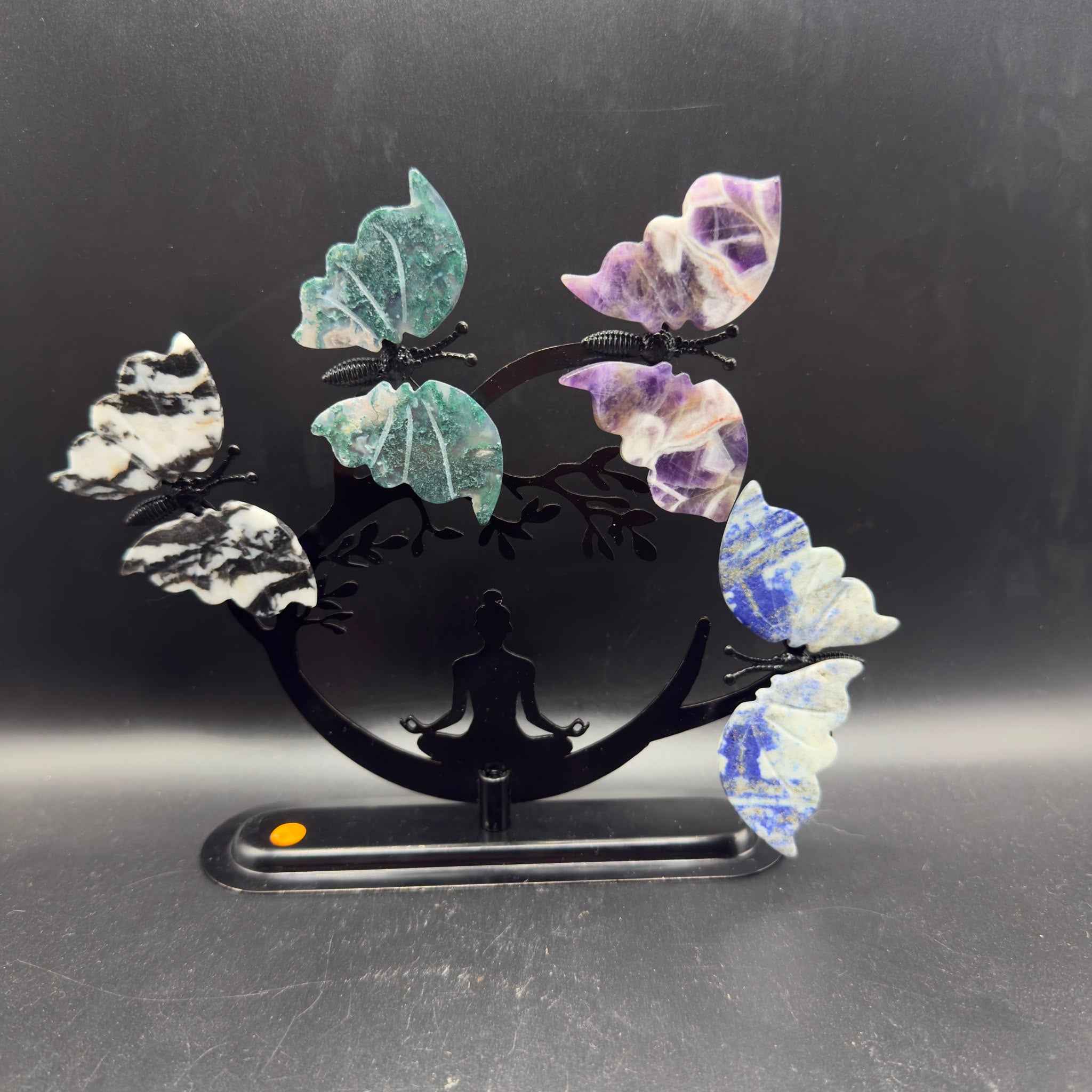 Metal Meditating Woman Stand with Lapis Lazuli, Amethyst, Moss Agate & Zebra Jasper Butterflies | Crystals UK