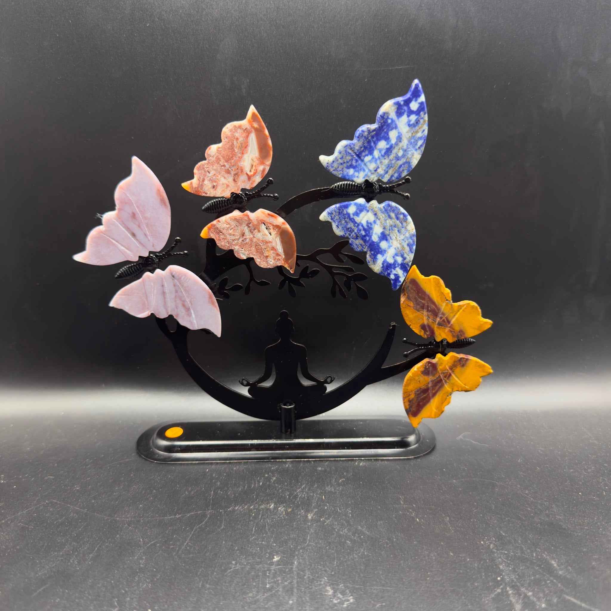 Metal Meditating Woman Stand with Lapis Lazuli, Mexico Agate & Ocean Jasper Butterflies | Crystals UK