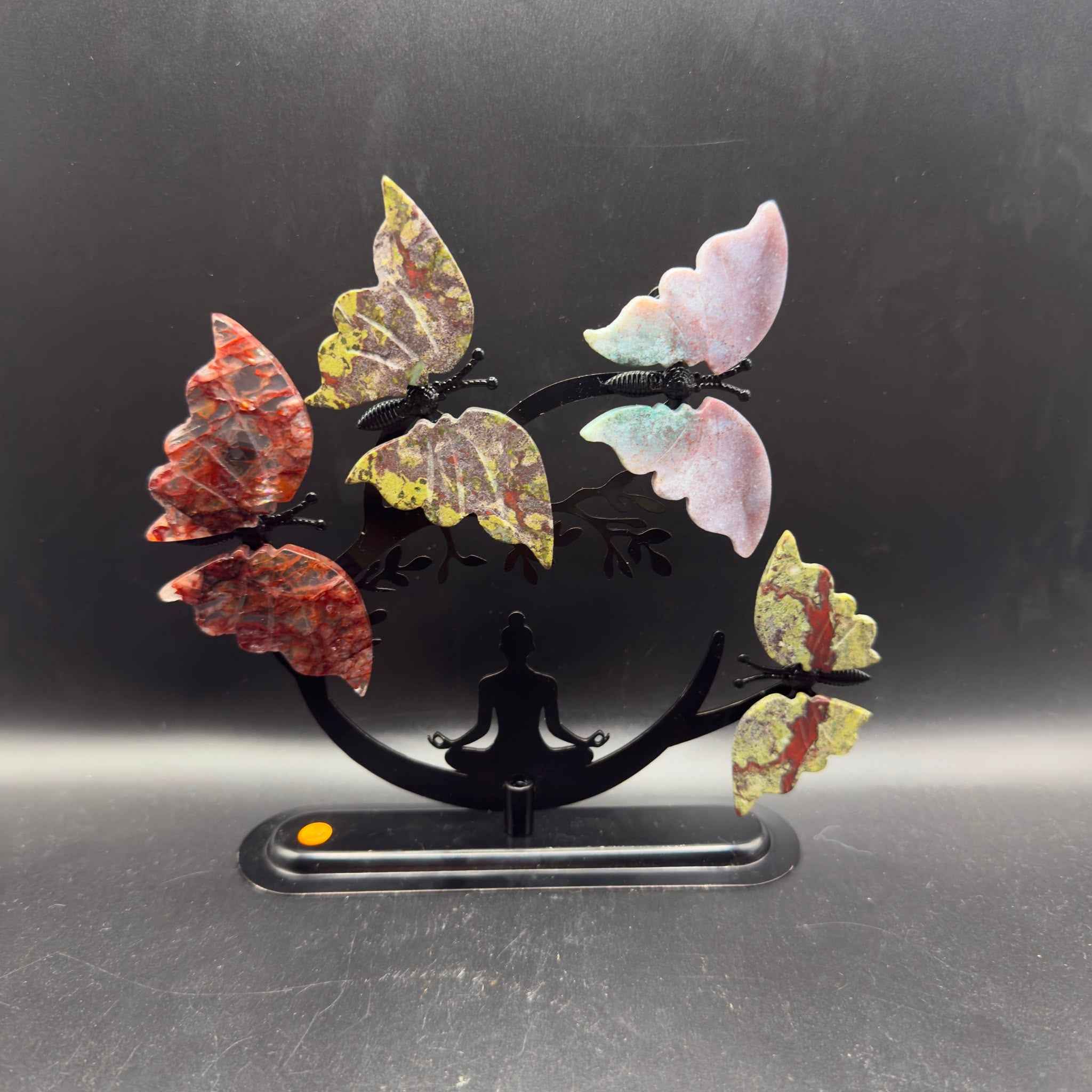 Metal Meditating Woman Stand with Ocean Jasper, Dragon’s Blood & Fire Quartz Butterflies | Crystals UK