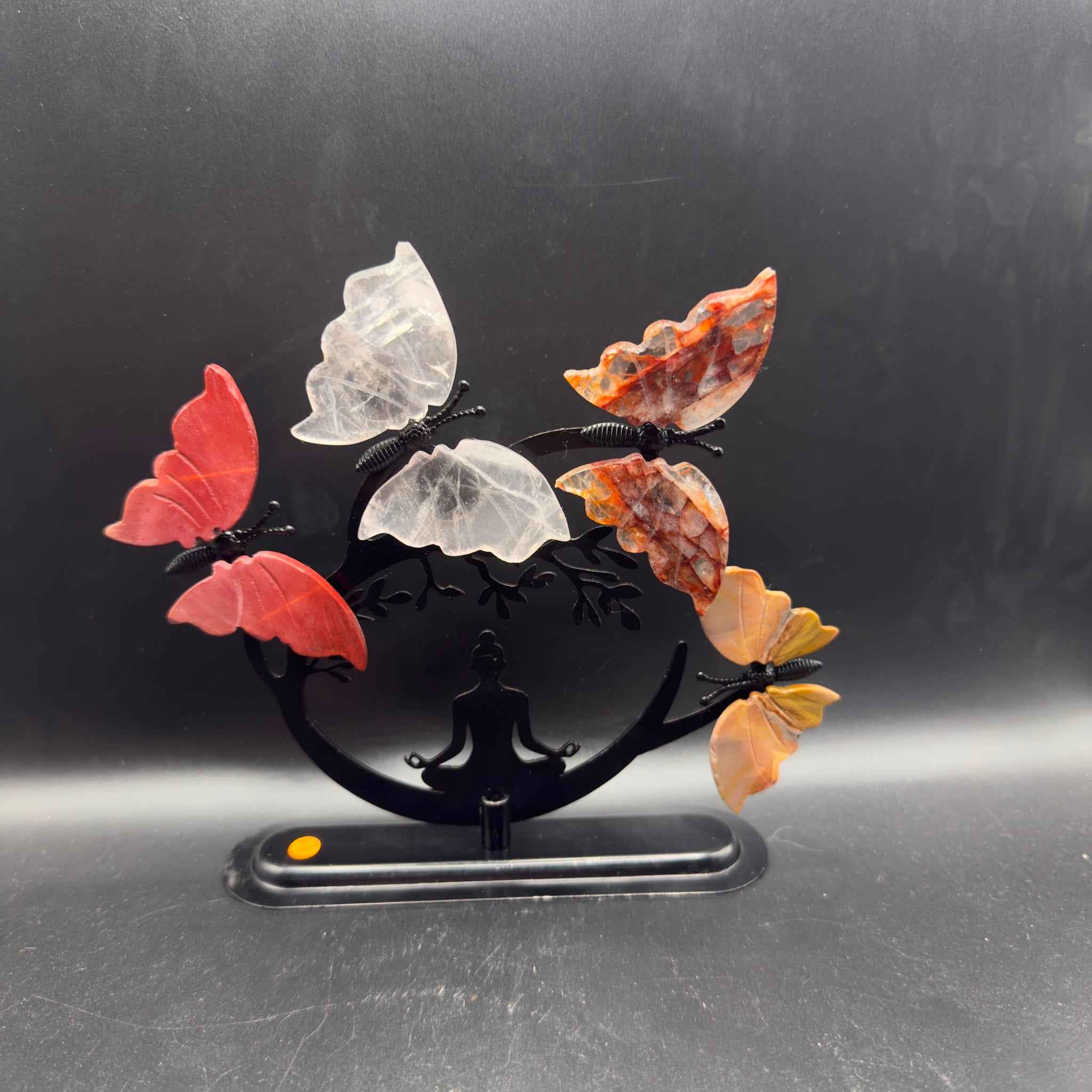 Metal Meditating Woman Stand with Polychrome Jasper, Fire Quartz, Rose Quartz & Mookaite Butterflies | Crystals UK